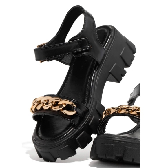 Black Chunky Platform Gold Chain Band Sandals - Picture 2 of 7